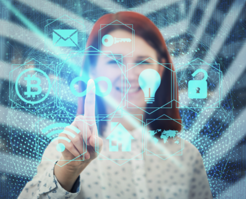 A businesswoman interacting with futuristic virtual icons representing various technology solutions, symbolizing the innovative and comprehensive services provided by Dallas IT solutions. The image highlights how Dallas IT solutions can transform business operations and drive technological advancement.